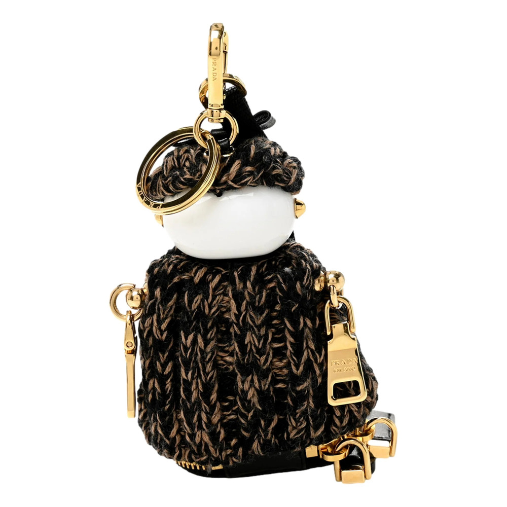 Prada Knitted Robot Keychain Bag Charm in Black and Camel with Lambskin